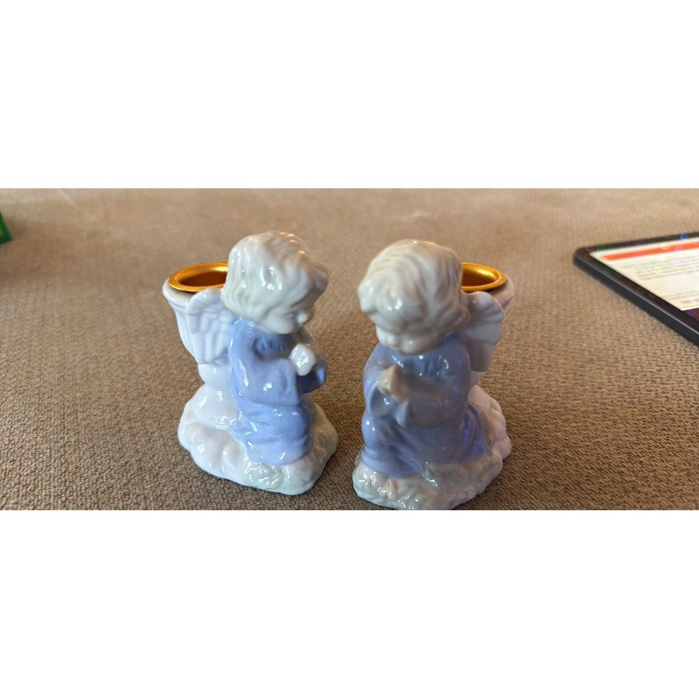 2-Pack Angel Figural Taper Candle Holders Ceramic White Blue Gold Glossy